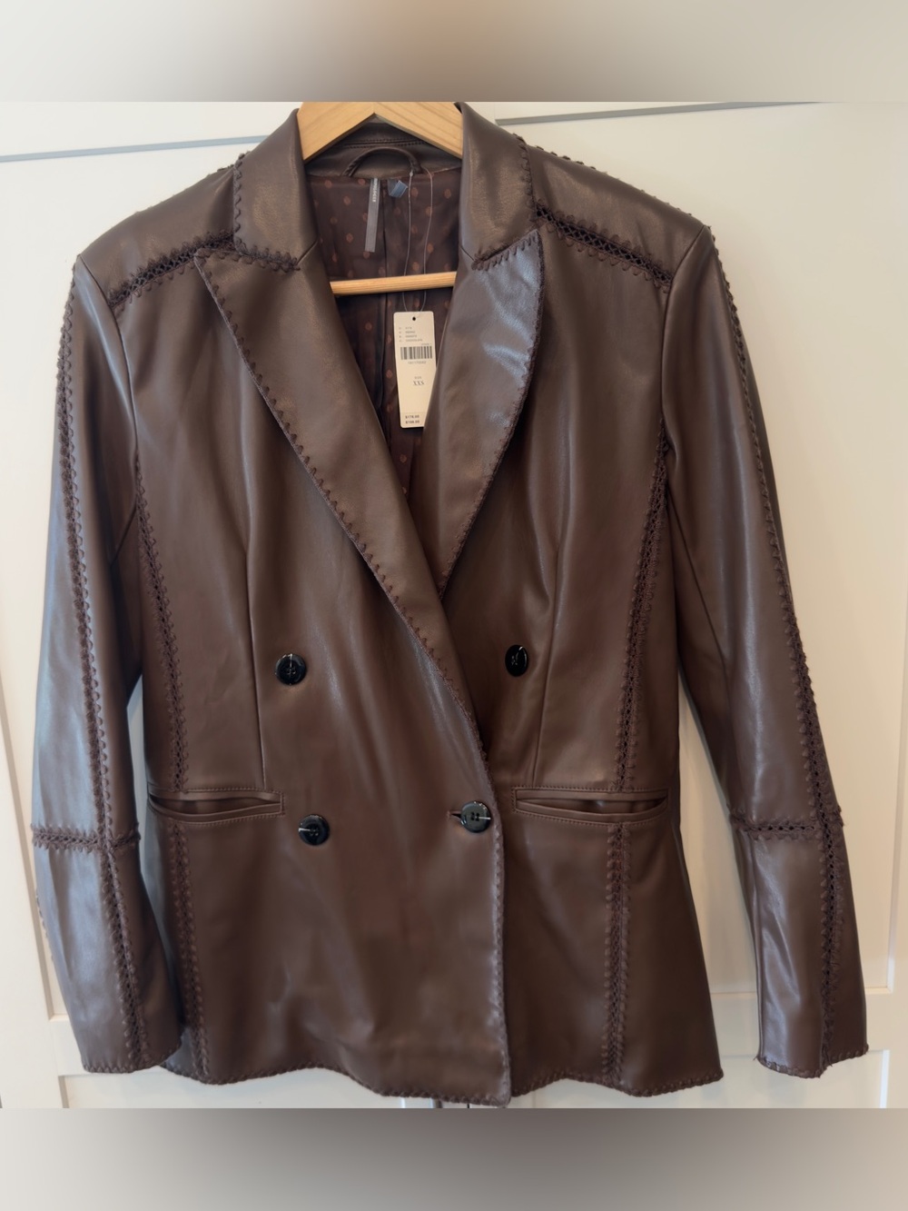 NWT Anthropologie Faux Leather Crochet Stitch Blazer Brown XXS - Picture 16 of 16
